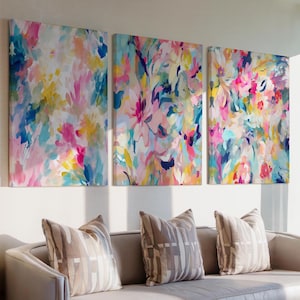 Colorful Abstract Wall Art - Flower Abstract Art Print - Bold Bright Wall Decor - Framed Rainbow Abstract Maximalist Artwork Sets of 3