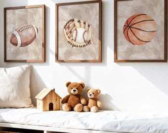Sports Wall Art Set of 3, Framed Sports Wall Decor, Sport Balls Art Prints, Sports Canvas Artwork, Boy Nursery Decor
