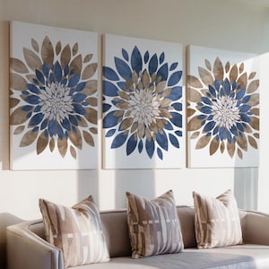 Blue Brown Flower Wall Art - Blue Brown Flower Print - Navy Brown Flowers Canvas - Bedroom Flower Wall Decor - Bathroom Artwork Sets of 3