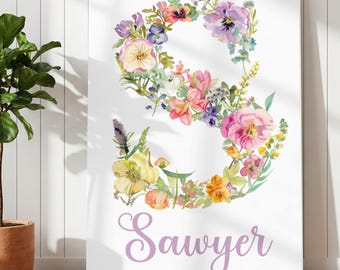 Floral Monogram Wall Art - Personalized Initial Flower Canvas - Baby Girl Nursery Decor - Boho Bedroom Pictures Artwork Set of 1