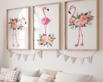 Floral Flamingo Wall Art - Canvas Artwork Flamingo Art Print - Watercolor Flamingo Artwork - Flower Flamingo Nursery Wall Decor Sets of 3