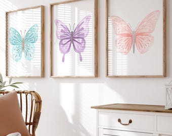 Butterfly Wall Art: Baby Girl Nursery Artwork Set of 3 - Framed, Canvas, or Art Prints WC