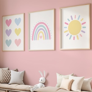 Rainbow Sun Hearts Wall Art -  Weather Rainbow Wall Decor - Rainbow Hearts Pictures for Girls Room Set of 3 Framed, Canvas, or Art Prints
