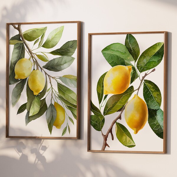 Lemon Wall Decor - Lemon Art Prints - Framed Watercolor Lemons Artwork Print - Lemon Kitchen Wall Art - Lemon Tree Canvas Pictures Set of 2