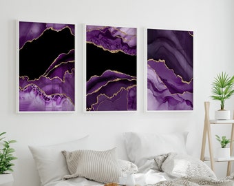 Agate Geode Wall Art, Purple Gold Abstract Art Prints, Canvas Purple Gold Marble Artwork, Framed Purple Agate Geode Decor Pictures Set of 3