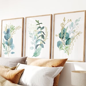 Arte mural de eucalipto en acuarela: Juego de 3 piezas de decoración botánica para pared (enmarcado, lienzo o impresión artística) WC
