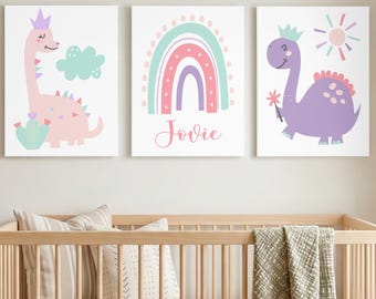Girl Dinosaur Wall Decor - Baby Girl Dinosaur Nursery Wall Art Prints - Girl Dinosaur Theme Toddler Room - Dinosaur Rainbow Canvas Set of 3
