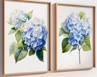Light Blue Hydrangea Art Set: Watercolor Botanical Floral Wall Decor Set of 2 - Framed, Canvas, or Art Prints WC