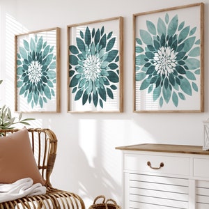 Teal Aqua Flower Wall Art - Canvas Teal Blue Flower Artwork
