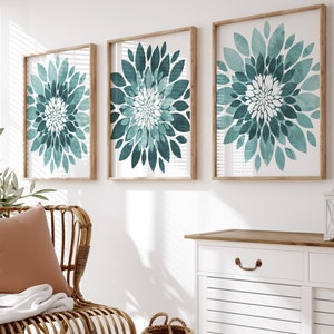 Teal Aqua Flower Wall Art - Canvas Teal Blue Flower Artwork Prints - Framed Bedroom Teal Flower Pictures - Teal Bathroom Wall Decor Set of 3