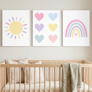 Pastel Rainbow Nursery Wall Art Set of 3, Rainbow Hearts Sunshine Prints, Baby Girl Nursery Decor, Boho Nursery Artwork, Toddler Room Decor