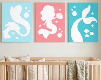 Mermaid Wall Art Set of 3, Framed Mermaid Nursery Decor, Mermaid Bedroom Wall Art for Girls, Mermaid Canvas Prints, Under the Sea Artwork