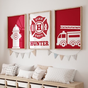 Firetruck Nursery Art Prints: Firefighter Theme Wall Decor Set of 3