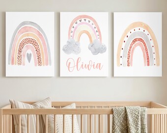 Boho Rainbow Wall Art, Rainbow Art Prints, Framed Rainbow Nursery Wall Decor, Baby Girl Nursery Canvas Pictures, Unicorn Artwork Set of 3