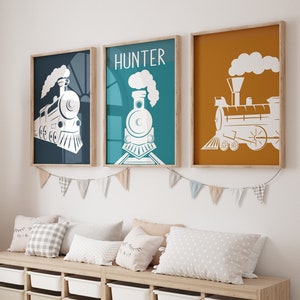 Framed Steam Train Art Prints: Boy Nursery Decor, Set of 3