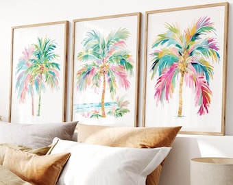 Tropical Palm Tree Wall Art: Colorful Beach House Wall Decor Set of 3 - Framed, Canvas, or Art Prints WC