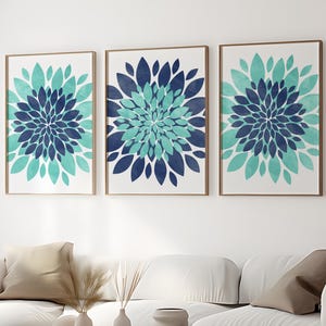 Aqua Blue Flower Wall Art Set of 3