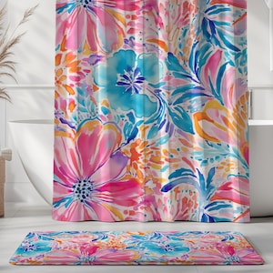Tenda da doccia floreale colorata - Decorazione da bagno con fiori preppy - Set da bagno floreale luminoso e vibrante - Tappetino per tenda da doccia da bagno rosa e blu