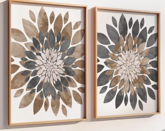 Bruin-grijze bloemen muurdecoratie - Bloemenkunstwerk voor slaapkamer en badkamer, set van 2 - Ingelijst, op canvas of als kunstprint voor toilet