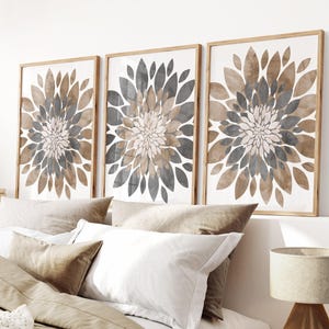 Brown Gray Flower Wall Art: Farmhouse Floral Set of 3 - Framed, Canvas, or Art Prints WC