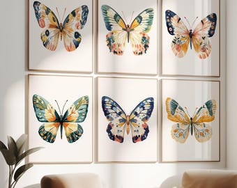 Butterfly Wall Art Set of 6, Botanical Butterfly Art Prints, Cottagecore Canvas Decor, Butterflies Nature Gallery Artwork