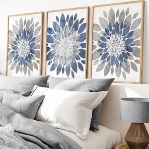 Gray Blue Flower Wall Art - Flower Dahlia Petal Print - Framed Gray Blue Bedroom Flower Decor - Gray Blue Bathroom Artwork Canvas Sets of 3