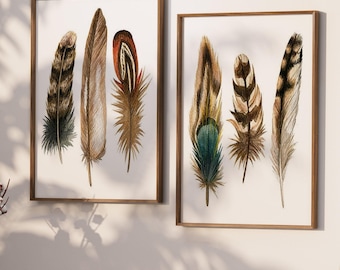 Canvas Feather Wall Art - Feather Artwork - Feather Picture - Feather Bedroom Wall Decor - Painting Feathers Pictures Set of 2 WC