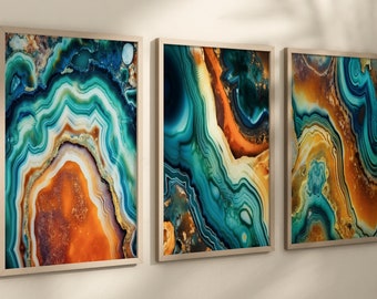 Bold ABSTRACT Wall Art, Teal Green Blue Gold Agate Geode Prints, Frames or Canvas, Navy Teal Orange Marble Abstract Artwork Picture Set of 3