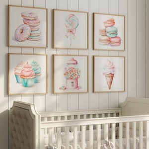 Pastel Ice Cream Wall Art - Watercolor Candy Sundae Art Prints - Dessert Nursery Canvas Pictures - Cupcake Donut Popsicle Artwork Set of 6