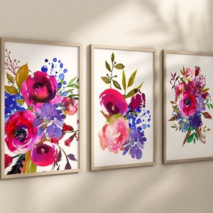 Bright Flower Wall Art - Bold Floral Art Prints - Framed Watercolor Flower Pictures - Bold Floral Artwork Bedroom Artwork Canvas Set of 3