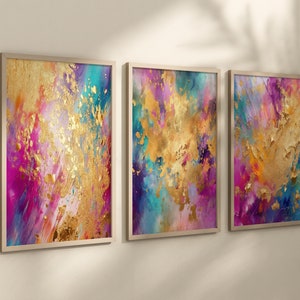 Colorful Abstract Wall Art - Rainbow Gold Abstract Art Prints - Framed Bright Colorful Marble Abstract Artwork Pictures Canvas Set of 3