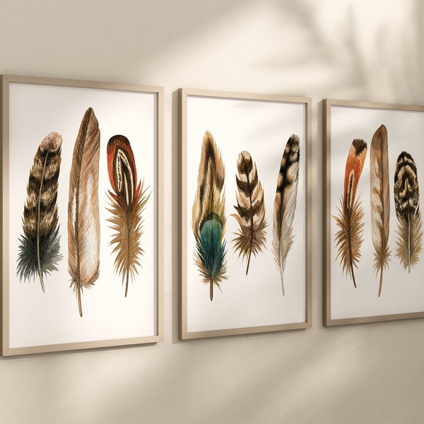 Feather Wall Decor - Feather Art Prints - Canvas Watercolor Feather Artwork - Watercolor Feathers Pictures Bedroom Artwork Canvas Set of 3