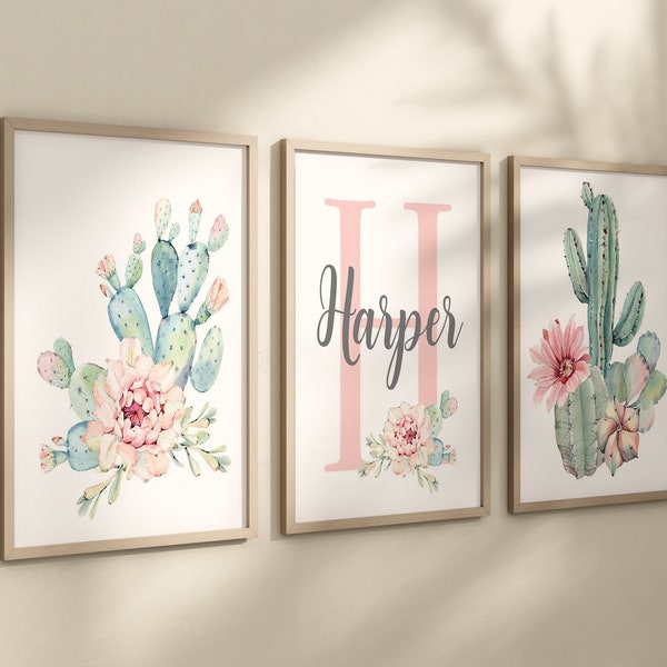 Watercolor Cactus Floral Nursery Wall Art - Framed Flower Cactus Monogram Nursery Prints - Canvas Succulent Cactus Nursery Artwork Set of 3