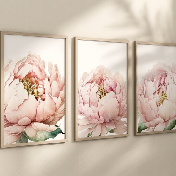 Pink Peonies Nursery Wall Art - Pink Peony Flower Nursery Art Prints or Canvas Artwork - Baby Girl Pink Flower Nursery Wall Decor Set of 3