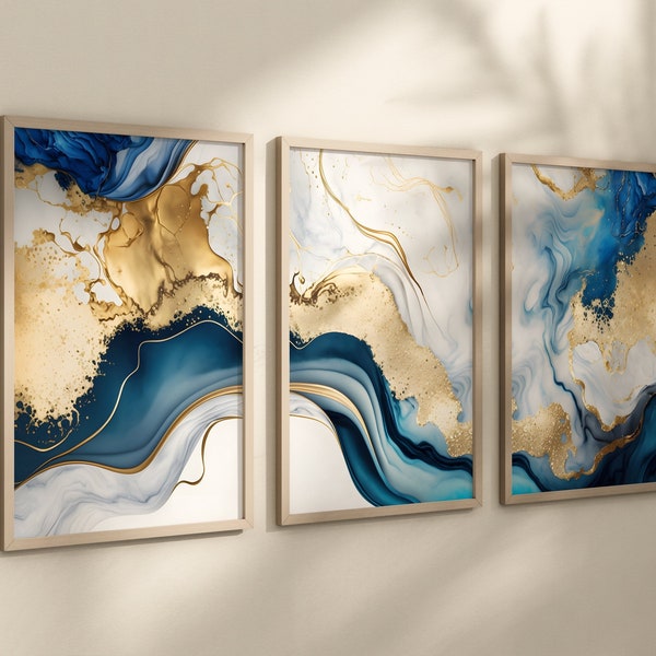 Digital Download Navy Gold Abstract Artwork - Navy Gold Agate Geode Art Prints - Printable Navy Marble Wall Art - Abstract Art Set of 3