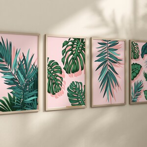 Leaves Wall Decor - Pink Green Monstera Leaf Bathroom Art Prints - Canvas Leaves Artwork - Tropical Bathroom Decor Pictures Canvas Set of 4