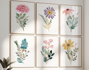 Aquarel muurdecoratie met wilde bloemen: Botanische bloemen wanddecoratie set van 6 - Ingelijst, op canvas of als kunstprint WC