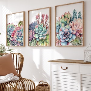 Succulent Wall Art - Succulent Print - Framed Succulent Artwork - Pastel Succulent Canvas Pictures - Succulent Bathroom Wall Decor Sets of 3