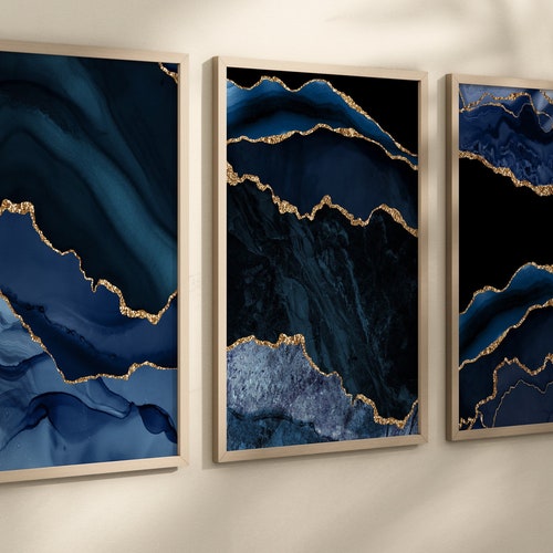 Navy Agate Geode Wall Art Navy Gold Abstract Art Prints or Etsy