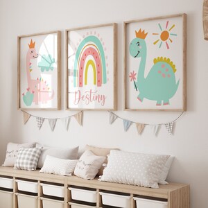 Girl Dinosaur Wall Decor - Baby Girl Dinosaur Nursery Wall Art Prints - Girl Dinosaur Theme Toddler Room - Dinosaur Canvas Artwork Set of 3