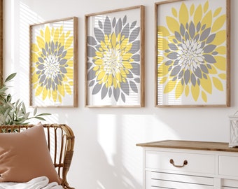 Yellow Gray Flower Wall Art, Flower Burst Dahlia Prints, Canvas Yellow Gray Bedroom Flower Decor, Framed Yellow Gray Bathroom Art Set of 3