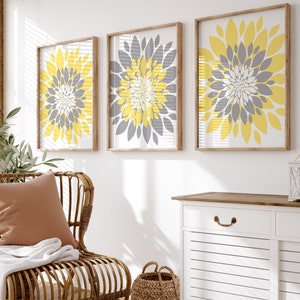 Yellow Gray Flower Wall Art, Flower Burst Dahlia Prints, Canvas Yellow Gray Bedroom Flower Decor, Framed Yellow Gray Bathroom Art Set of 3