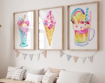 Ice Cream Art Print - Candy Sundae Ice Cream Wall Art Prints - Ice Cream Canvas - Framed Watercolor Summer Dessert Kitchen Decor Set of 3