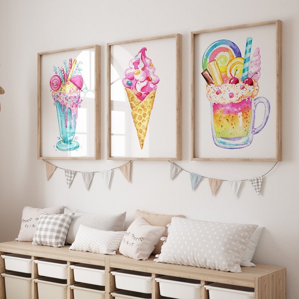 Impression d'art crème glacée - impression d'art mural crème glacée Candy Sundae - toile crème glacée - décoration de cuisine dessert d'été encadrée aquarelle, lot de 3