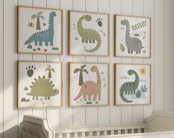 Dinosaur Wall Art - Whimsical Dinosaur Art Prints - Framed Dino Wall Decor - Baby Dinosaur Nursery Artwork - Roar Dinosaur Canvas Set of 6