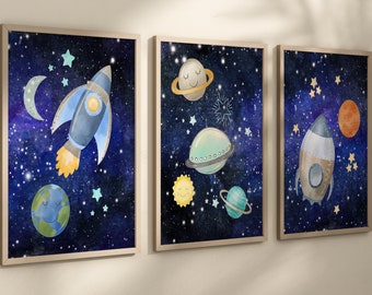 Space Wall Art - Outer Space Prints - Canvas Outer Space Nursery Wall Decor - Planets Nursery Wall Art - Space Boy Toddler Room Set of 3