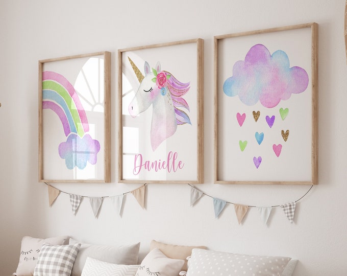 Personalized Rainbow Unicorn Wall Art - Personalized Rainbow Unicorn Prints - Canvas Rainbow Unicorn Nursery Unicorn Wall Decor Set of 3