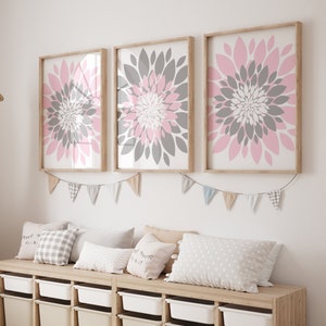 Pink Gray Flower Wall Art - Flower Burst Dahlia Petal Prints - Canvas Pink Gray Bedroom Wall Decor - Pink Gray Bathroom Artwork Set of 3