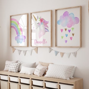 Personalized Rainbow Unicorn Wall Art - Personalized Rainbow Unicorn Prints - Canvas Rainbow Unicorn Nursery Unicorn Wall Decor Set of 3