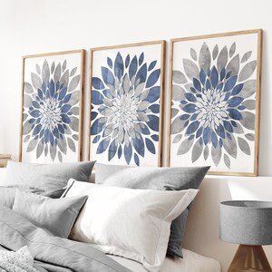 Gray Blue Flower Wall Art - Flower Dahlia Petal Prints - Framed Gray Blue Bedroom Flower Decor - Gray Blue Bathroom Artwork Canvas Set of 3